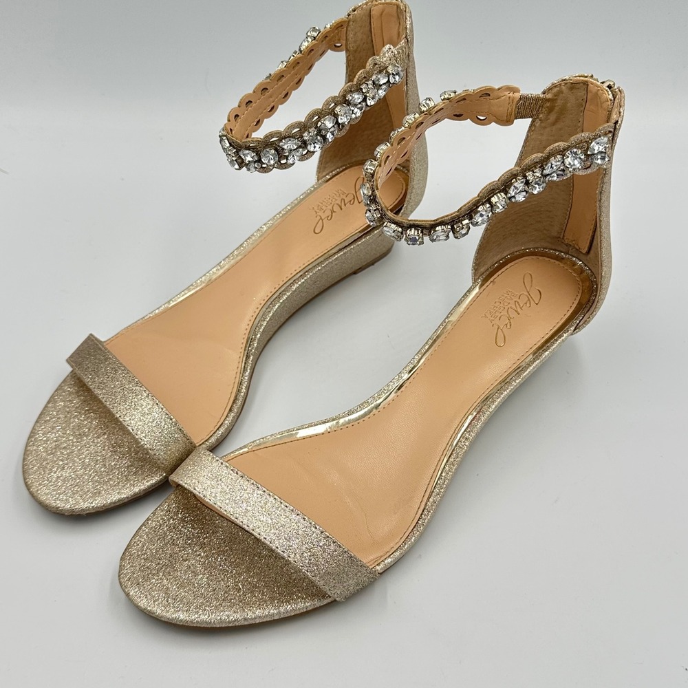 Jewel‎ Badgley Mischka Gold Glitter Ankle Strap Sandals 10 w/ Box & Extras